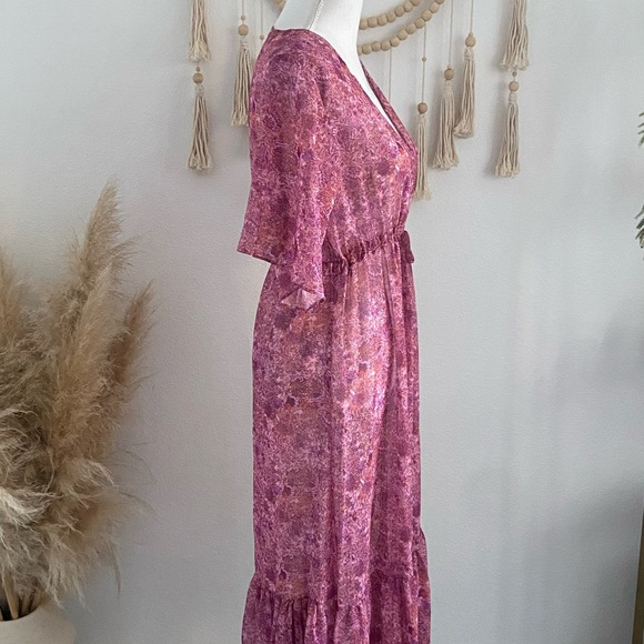 Boutique sheer ruffle v neck midi maxi dress burgundy purple pink Amazon medium - Picture 7 of 16